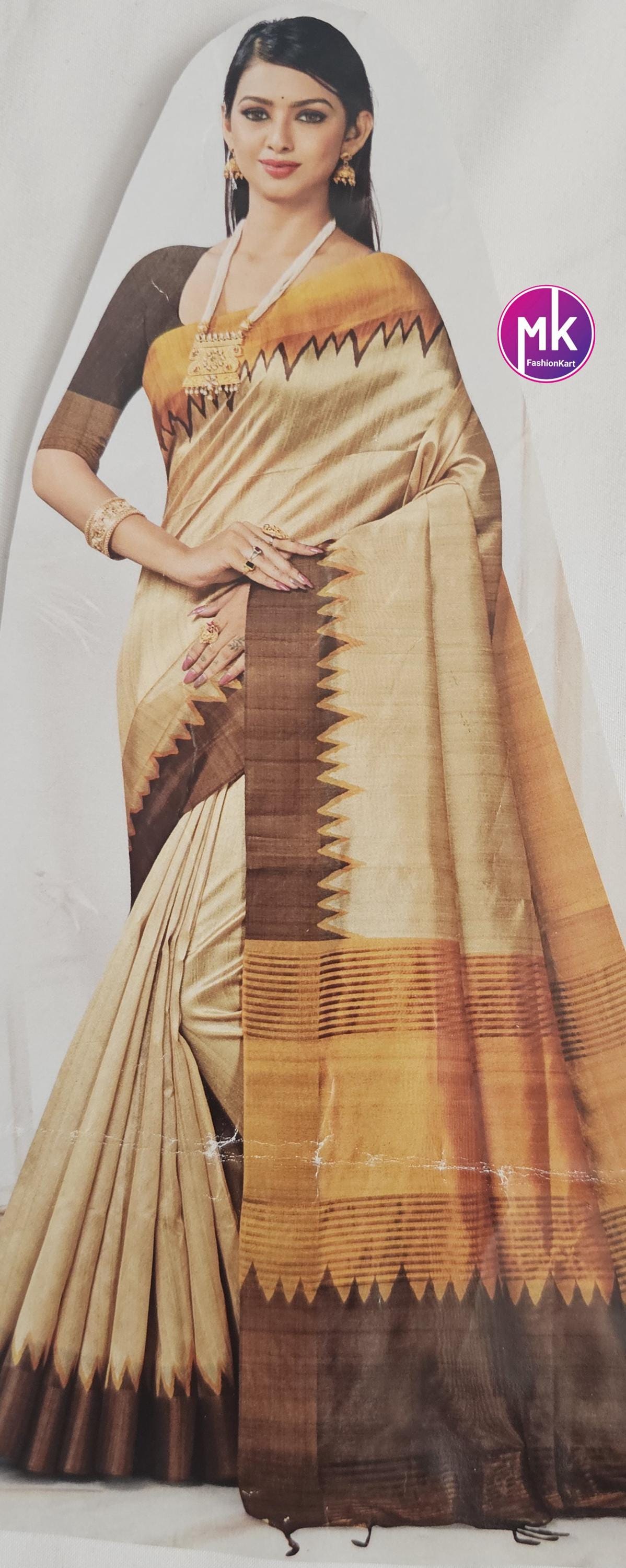 Tusser Fancy tower Saree with contrast design pallu and contrast running blouse (unstitched) - Eye catchy combination saree - MK Fashionkart