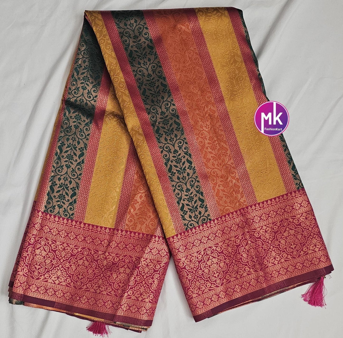 Embose vertical kanchi silk multi zari saree w rich pallu w tassels and rich running blouse - Wedding Saree - Bridal Saree - MK Fashionkart