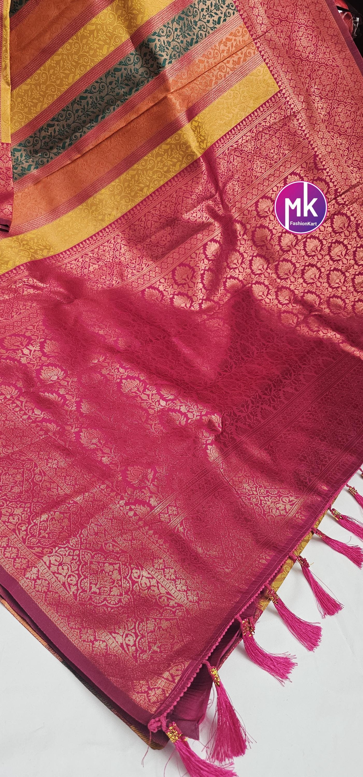 Embose vertical kanchi silk multi zari saree w rich pallu w tassels and rich running blouse - Wedding Saree - Bridal Saree - MK Fashionkart