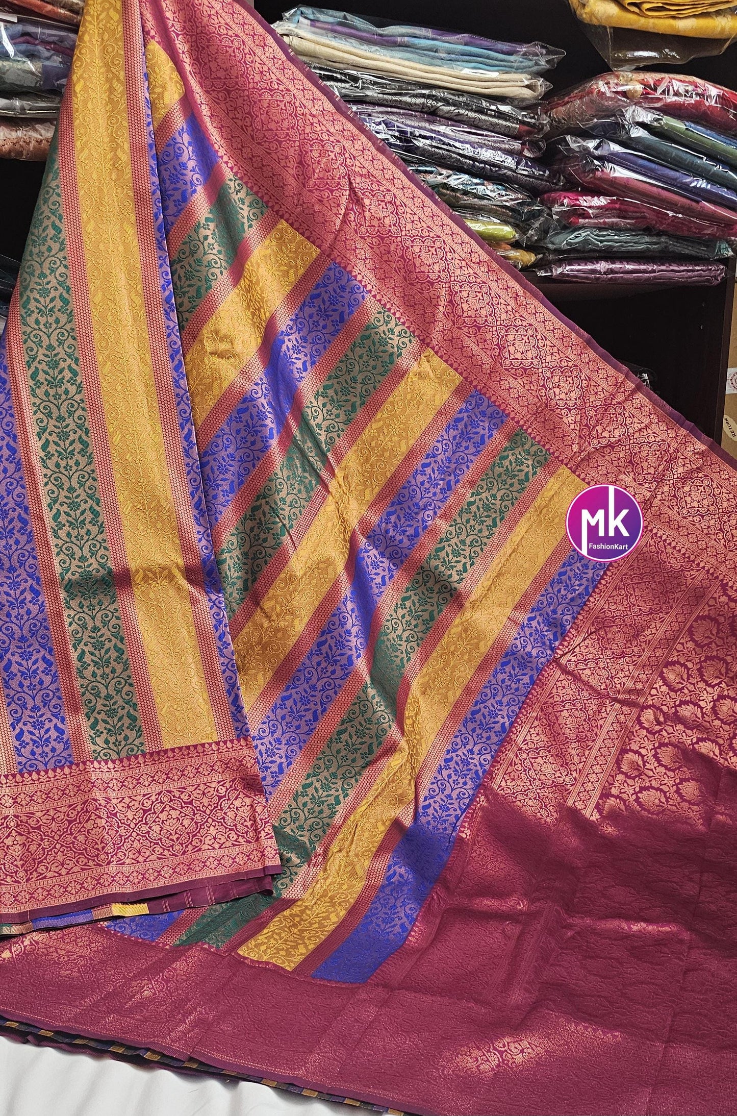 Embose vertical kanchi silk multi zari saree w rich pallu w tassels and rich running blouse - Wedding Saree - Bridal Saree - MK Fashionkart