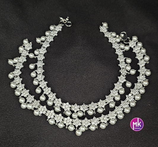 Silver finish AD stone Anklet with hanging pearls - MK Fashionkart - Indian Fashion Jewelry