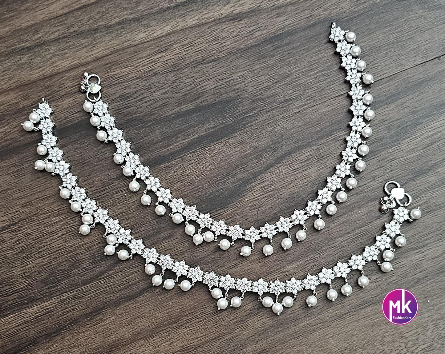 Silver finish AD stone Anklet with hanging pearls - MK Fashionkart - Indian Fashion Jewelry