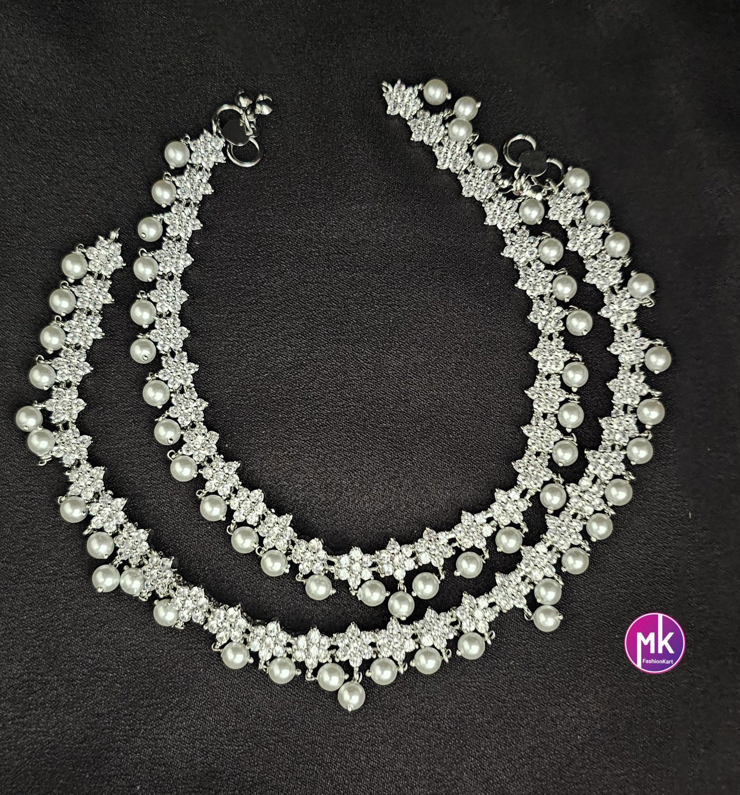Silver finish AD stone Anklet with hanging pearls - MK Fashionkart - Indian Fashion Jewelry