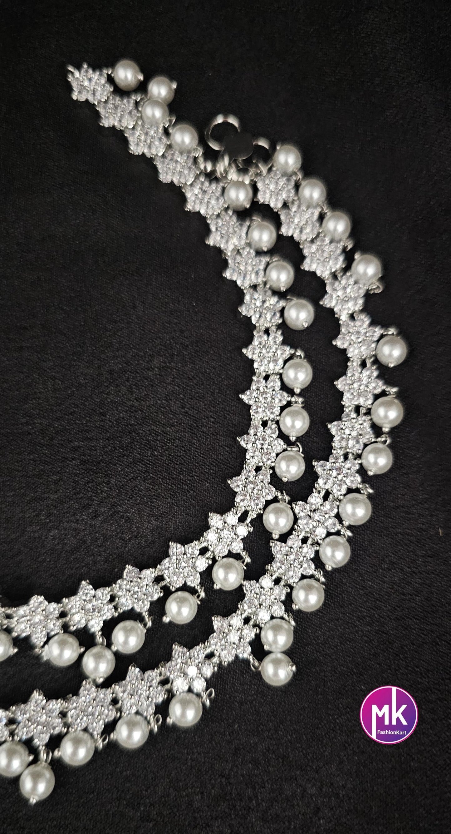 Silver finish AD stone Anklet with hanging pearls - MK Fashionkart - Indian Fashion Jewelry