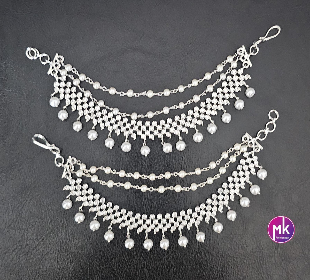 Premium Silver finish Jhumka Matti/Earring Mattal/Matti/Kaan Chain - Triple layer pearl Mattal/Matti - MK Fashionkart - Fashion Jewelry