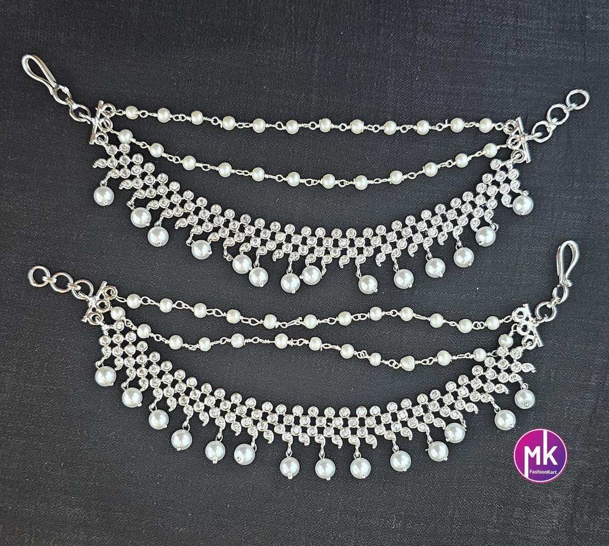 Premium Silver finish Jhumka Matti/Earring Mattal/Matti/Kaan Chain - Triple layer pearl Mattal/Matti - MK Fashionkart - Fashion Jewelry