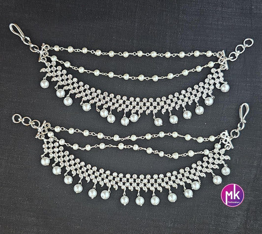 Premium Silver finish Jhumka Matti/Earring Mattal/Matti/Kaan Chain - Triple layer pearl Mattal/Matti - MK Fashionkart - Fashion Jewelry