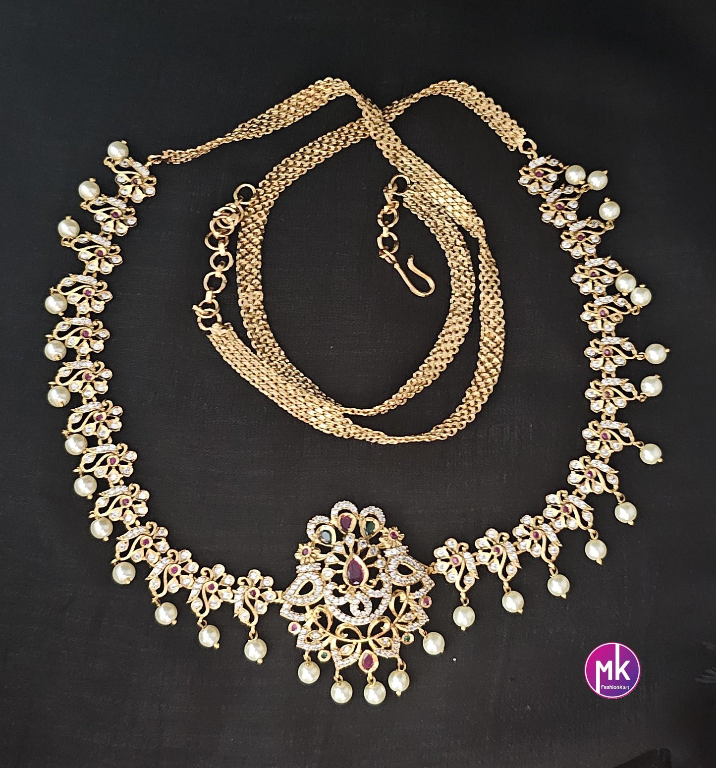 Flower Design AD Stone Premium Quality Hip Belt with pearl hangings - MK Fashionkart -Fashion Jewelry - Indian Jewelry