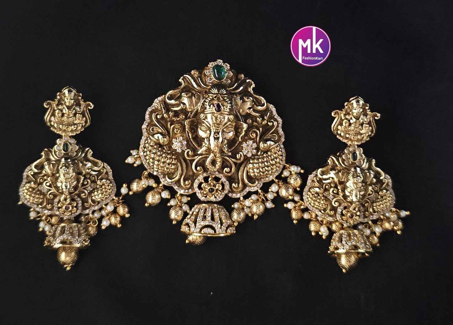 Big Pendent Set - Ganesa Lakshmi CZ stone Premium quality Matte gold finish Pendent with beautiful Earrings - MK Fashionkart