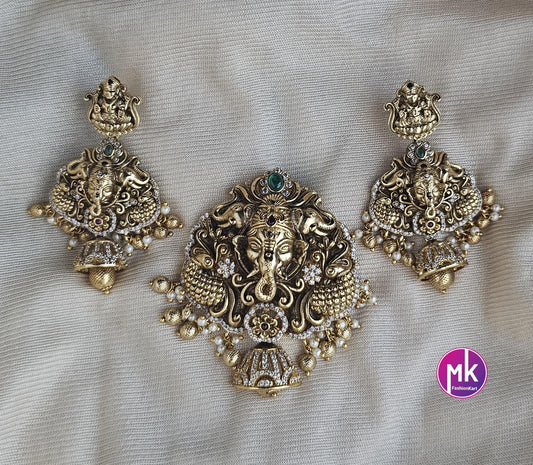 Big Pendent Set - Ganesa Lakshmi CZ stone Premium quality Matte gold finish Pendent with beautiful Earrings - MK Fashionkart