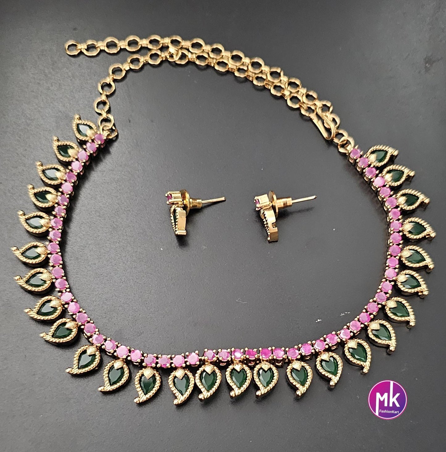 Traditional Kerala style Matte gold finish Necklace with and matching cute Earrings - Adult cum Teen Necklace - MK Fashionkart