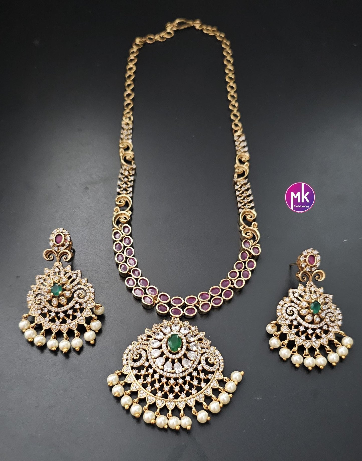 Premium Quality Kemp Stone Necklace with beautiful pendent and matching Earrings - Fashion Jewelry - MK Fashionkart