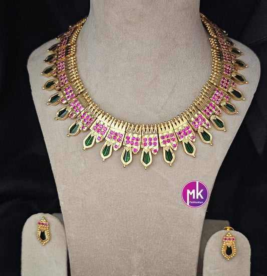 Traditional Bridal/Wedding Kerala style Gold finish palakka Big Necklace with matching Earrings - MK Fashionkart - Fashion Jewelry