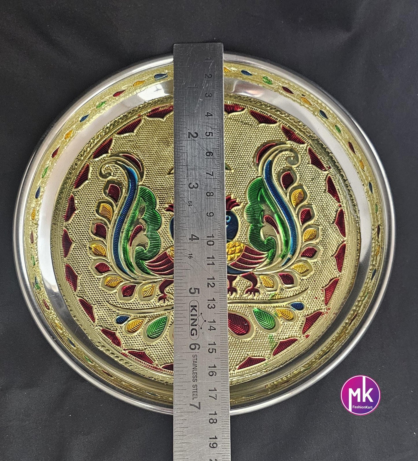 Meenakari Peacock/Flower design work steel plate - Housewarming Gift, Thambolam Plate, Pooja Gift, Return Gift, Navarathri gift, Diwali Gift