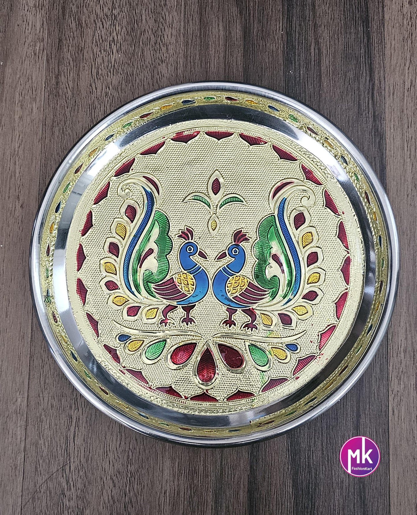 Meenakari Peacock/Flower design work steel plate - Housewarming Gift, Thambolam Plate, Pooja Gift, Return Gift, Navarathri gift, Diwali Gift