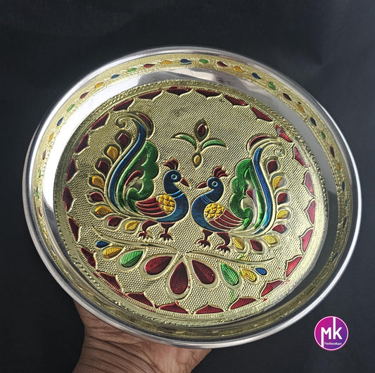Meenakari Peacock/Flower design work steel plate - Housewarming Gift, Thambolam Plate, Pooja Gift, Return Gift, Navarathri gift, Diwali Gift