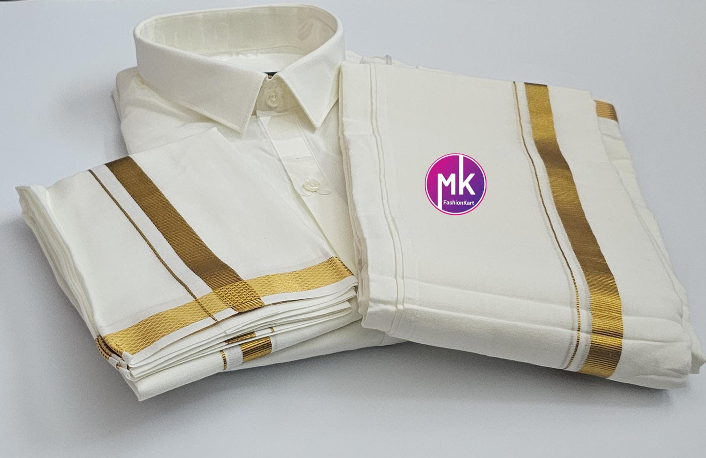 Traditional wedding Indian Men's Cotton Shirt and Silk Cotton Dhothi/Vesti (with Pocket) with Towel and Cotton Kerchief - Shirt 40/42cm Size