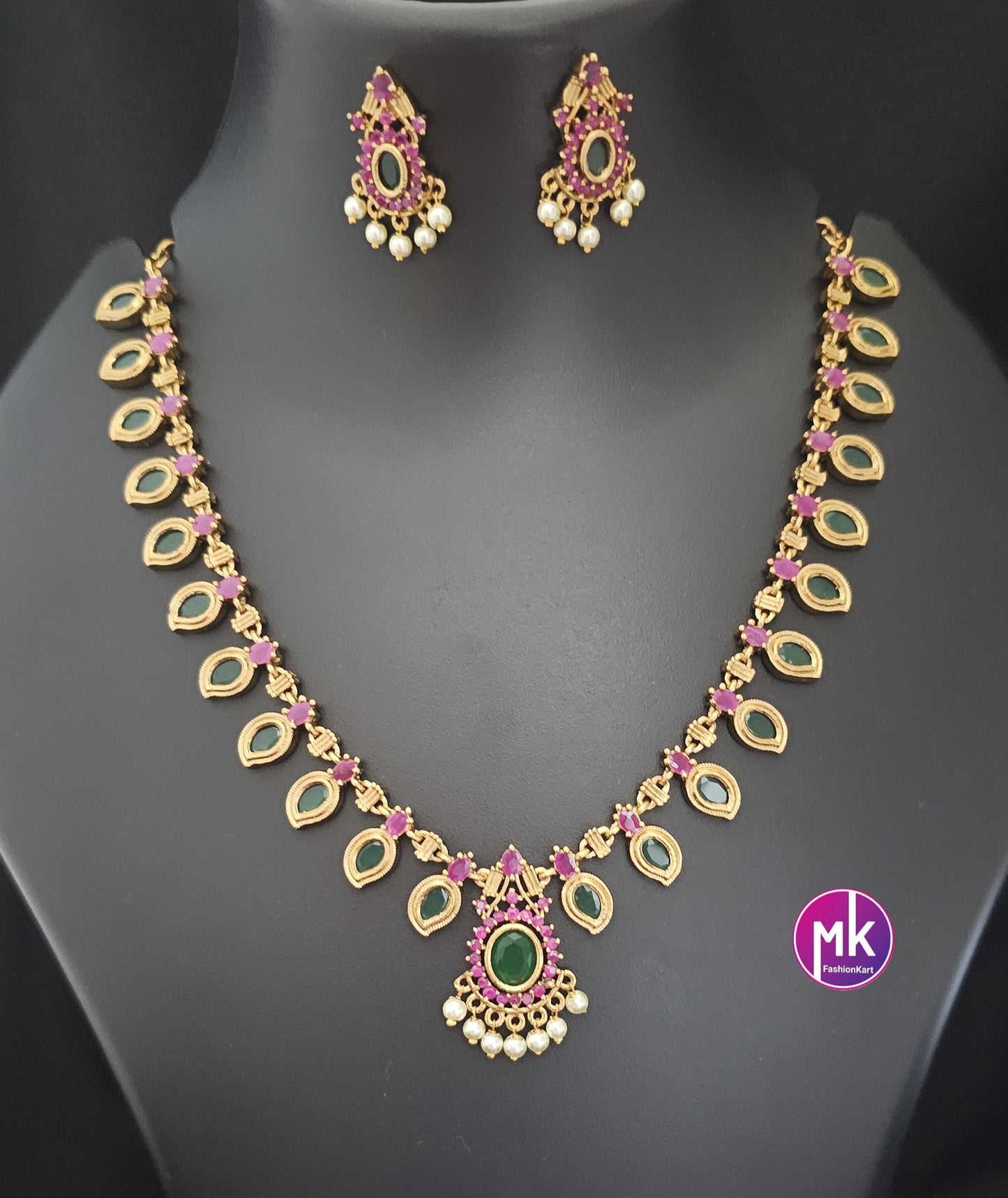 Matte finish Traditional Kerala style Mango Necklace with matching Beautiful Earrings - Adult cum Teen Necklace - MK Fashionkart