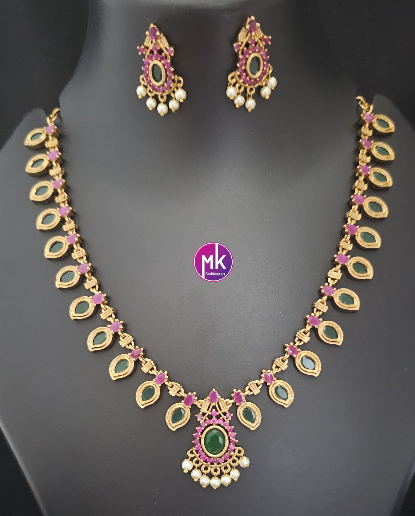 Matte finish Traditional Kerala style Mango Necklace with matching Beautiful Earrings - Adult cum Teen Necklace - MK Fashionkart