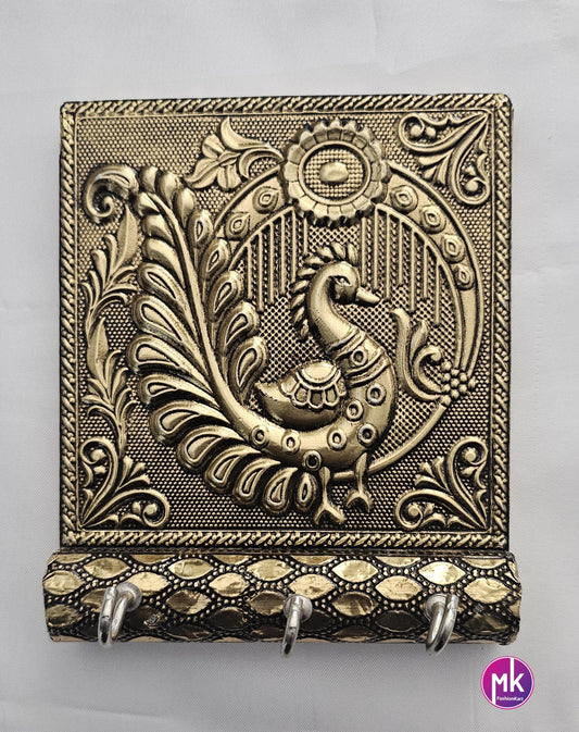 Peacock design Wooden Brass Antique coating less weight hook/key holder House warming Gift, Pooja return gift - MK Fashionkart