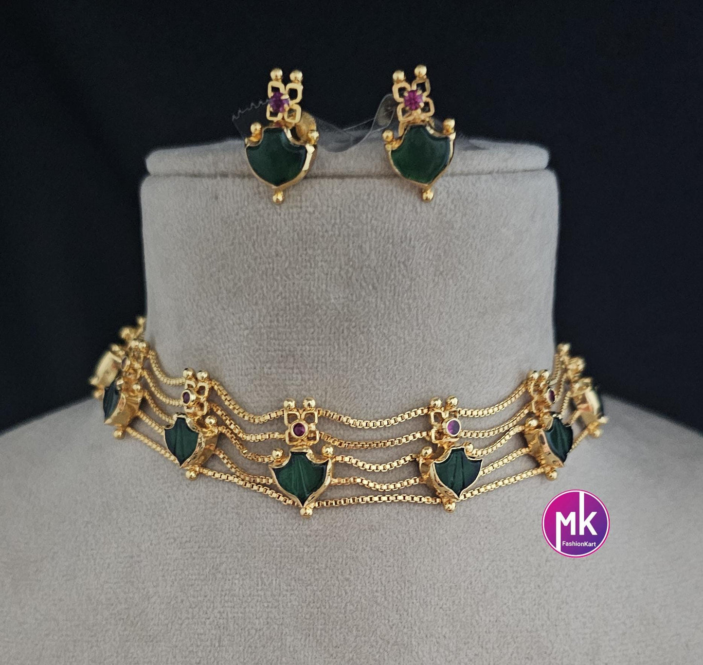 Gold finish Traditional Kerala style palakka Choker cum Necklace with and matching Beautiful Earrings - MK Fashionkart - Fashion Jewelry