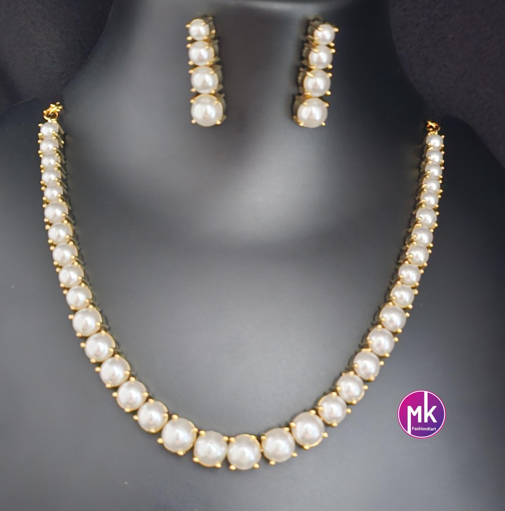 Celebrity style Simple pearl chain with matching long Earrings - Adult cum Teen Necklace - MK Fashionkart - Fashion Jewelry