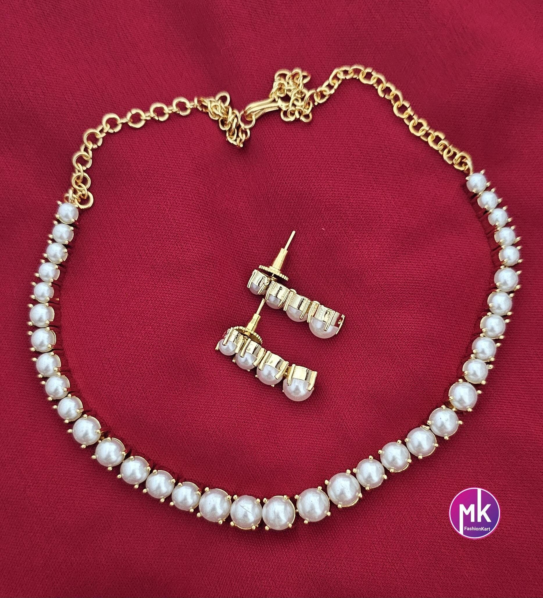 Celebrity style Simple pearl chain with matching long Earrings - Adult cum Teen Necklace - MK Fashionkart - Fashion Jewelry