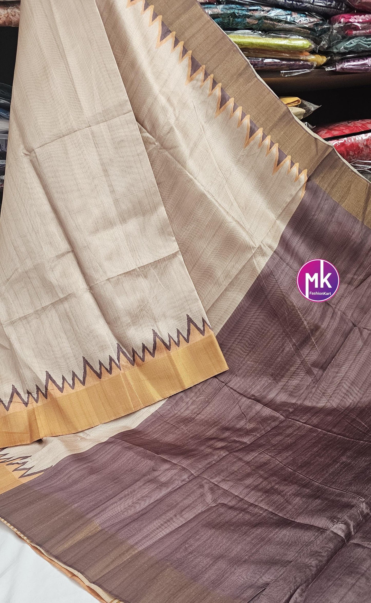 Tusser Fancy tower Saree with contrast design pallu and contrast running blouse (unstitched) - Eye catchy combination saree - MK Fashionkart