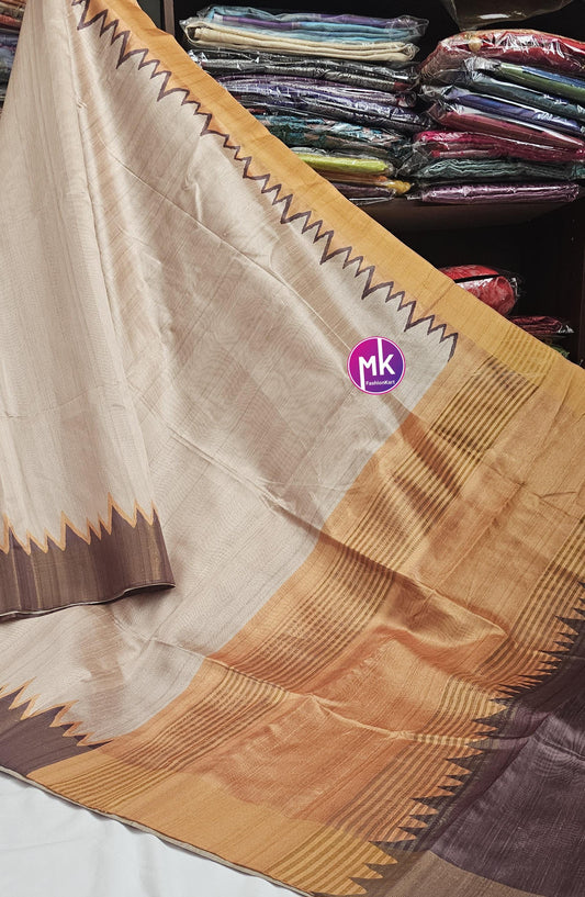 Tusser Fancy tower Saree with contrast design pallu and contrast running blouse (unstitched) - Eye catchy combination saree - MK Fashionkart