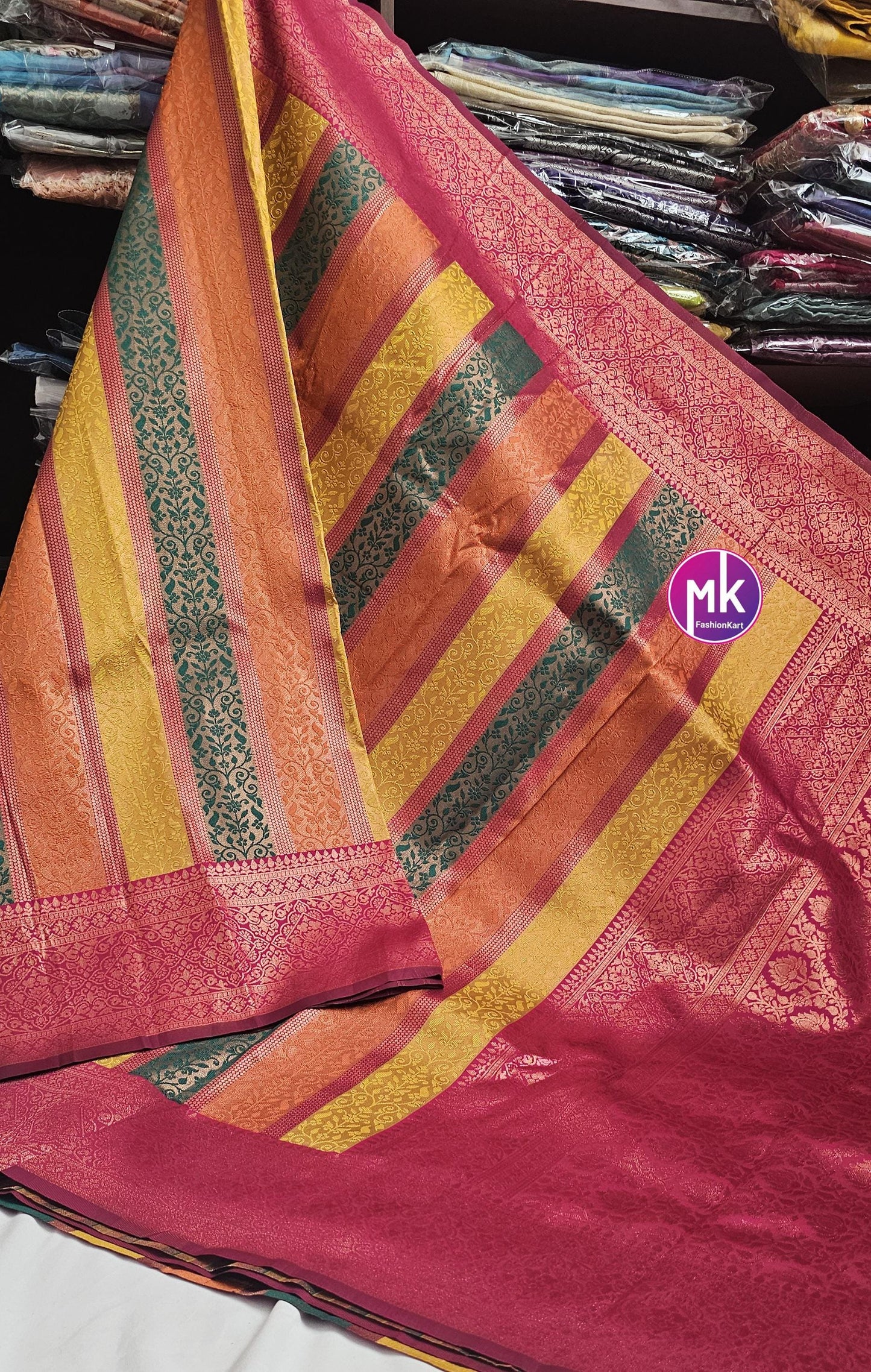 Embose vertical kanchi silk multi zari saree w rich pallu w tassels and rich running blouse - Wedding Saree - Bridal Saree - MK Fashionkart