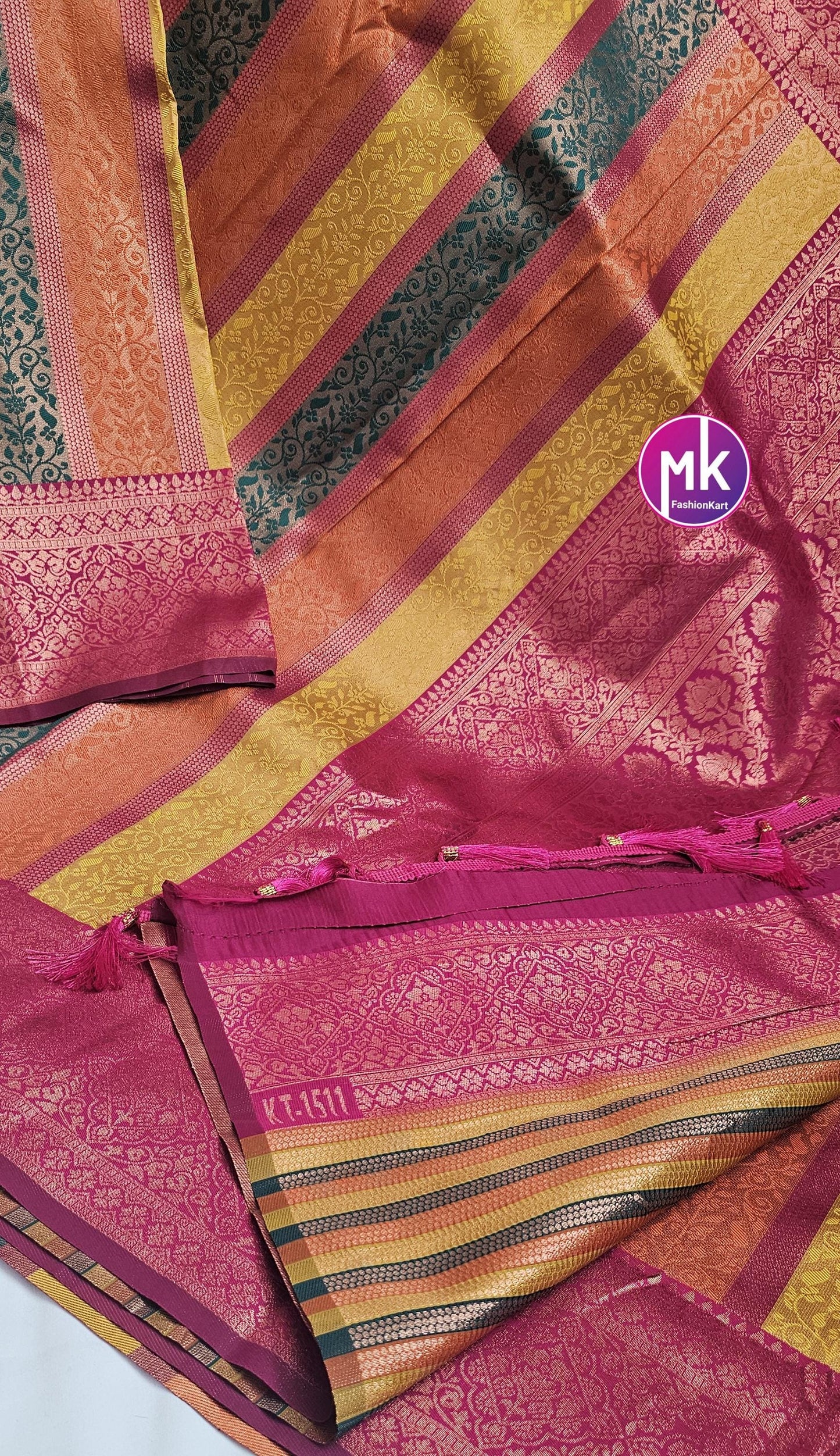 Embose vertical kanchi silk multi zari saree w rich pallu w tassels and rich running blouse - Wedding Saree - Bridal Saree - MK Fashionkart