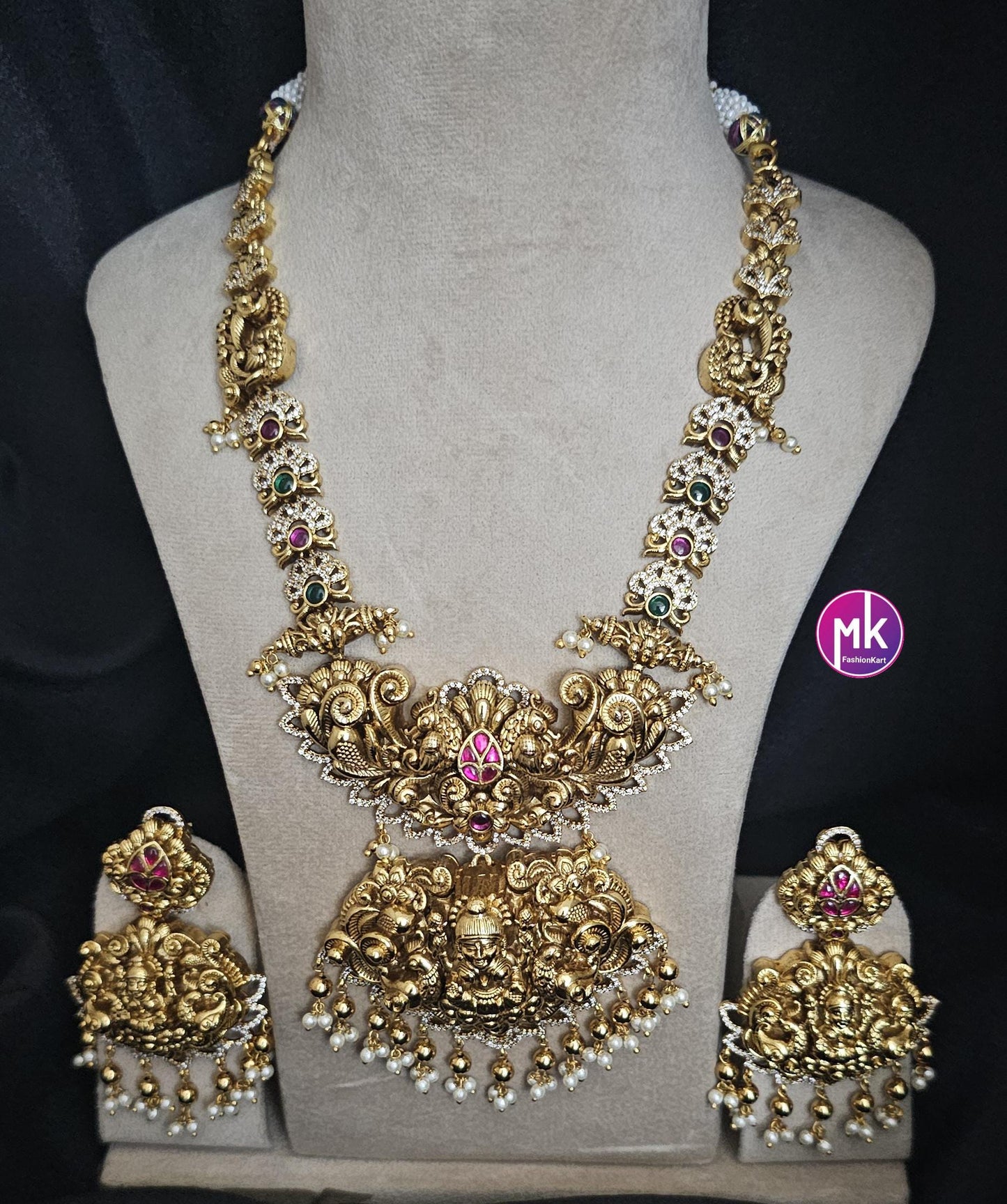 Celebrity Style Nakshi Design Jadau Kundan Heavy Big Bridal Necklace w Heavy Big Earring - Bridal Temple Jewelry Necklace - MK Fashionkart