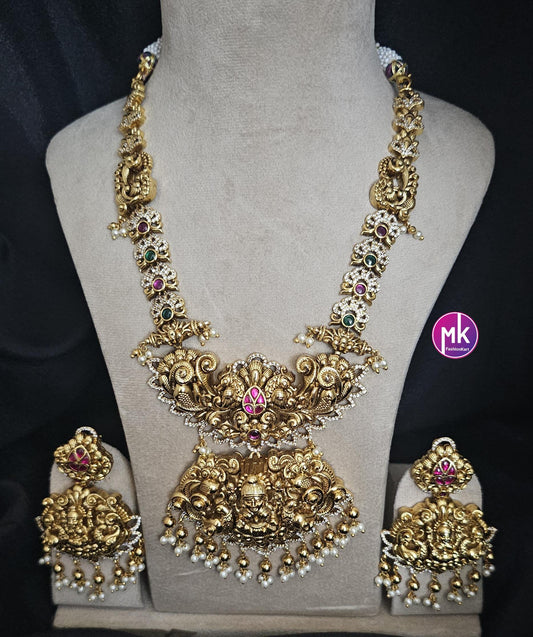 Celebrity Style Nakshi Design Jadau Kundan Heavy Big Bridal Necklace w Heavy Big Earring - Bridal Temple Jewelry Necklace - MK Fashionkart