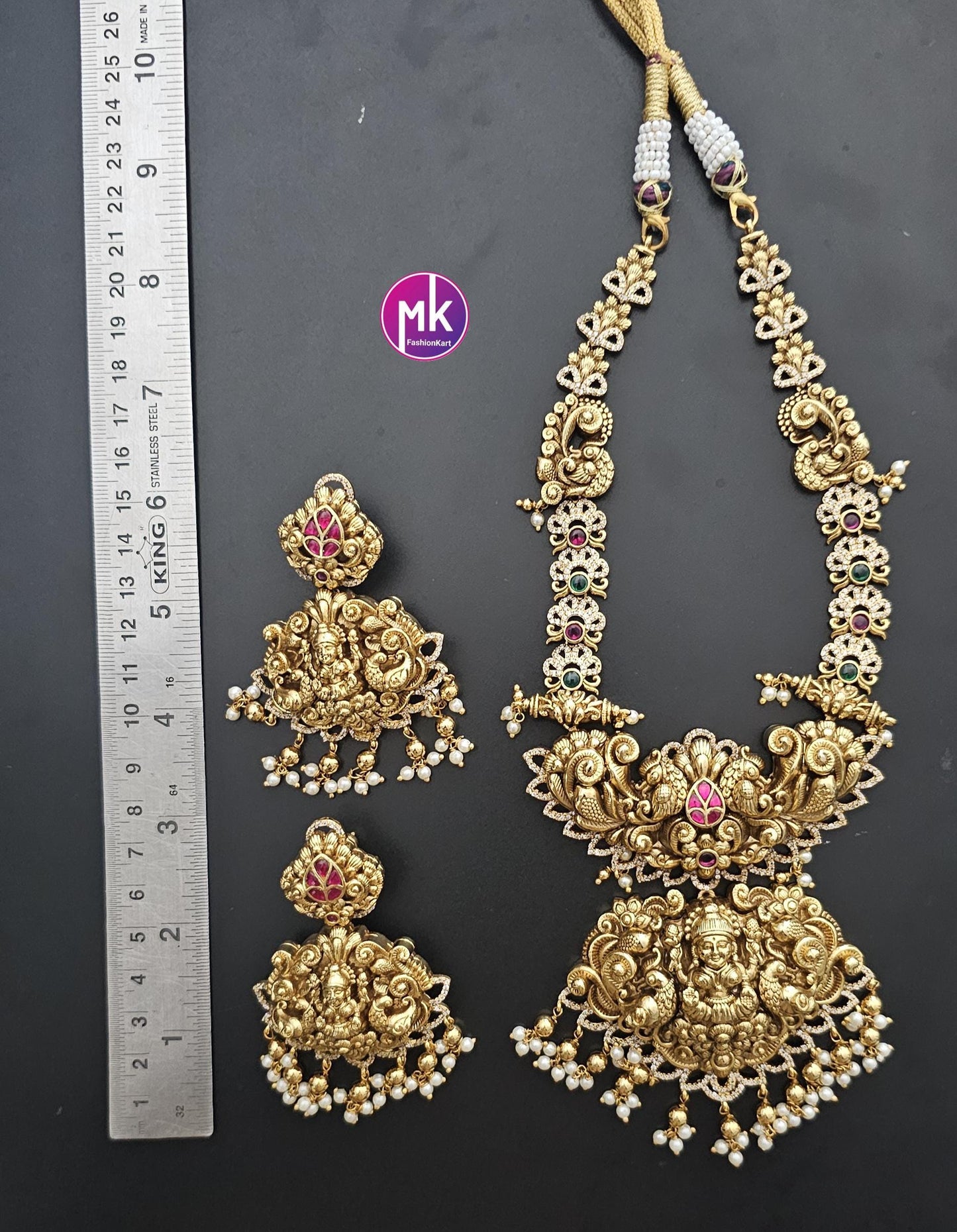 Celebrity Style Nakshi Design Jadau Kundan Heavy Big Bridal Necklace w Heavy Big Earring - Bridal Temple Jewelry Necklace - MK Fashionkart