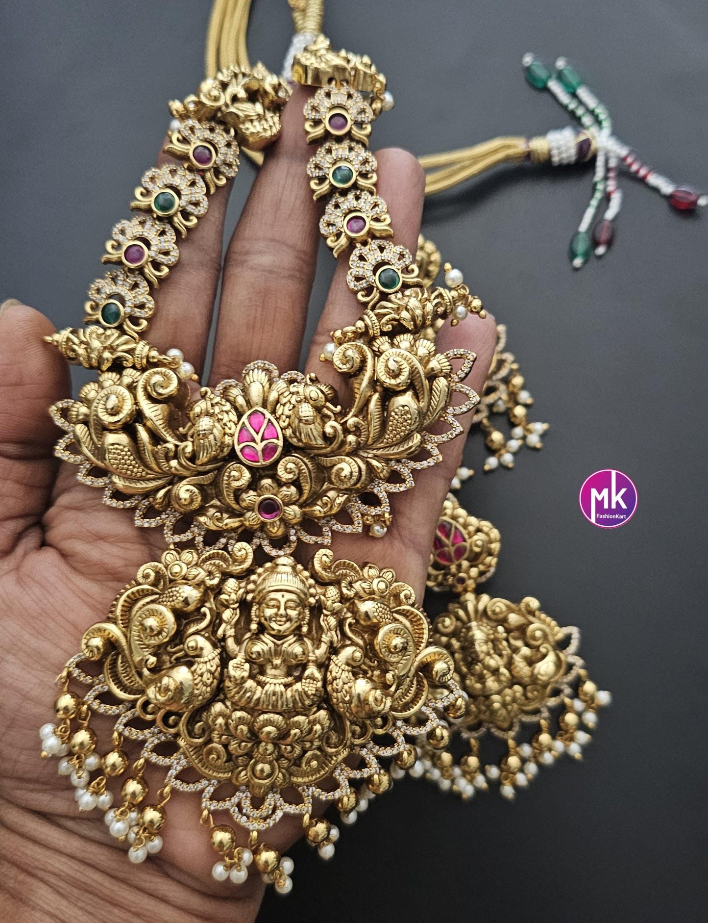 Celebrity Style Nakshi Design Jadau Kundan Heavy Big Bridal Necklace w Heavy Big Earring - Bridal Temple Jewelry Necklace - MK Fashionkart