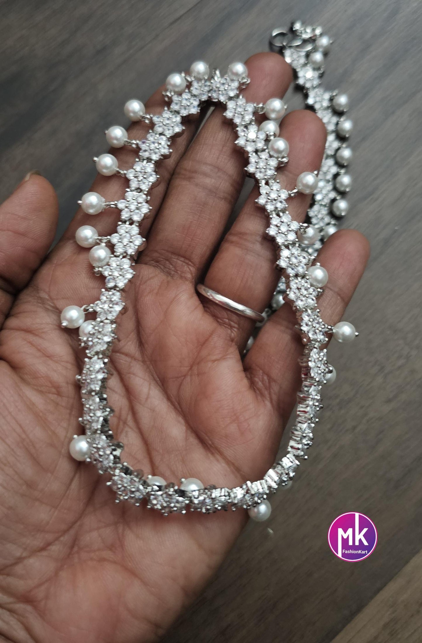 Silver finish AD stone Anklet with hanging pearls - MK Fashionkart - Indian Fashion Jewelry