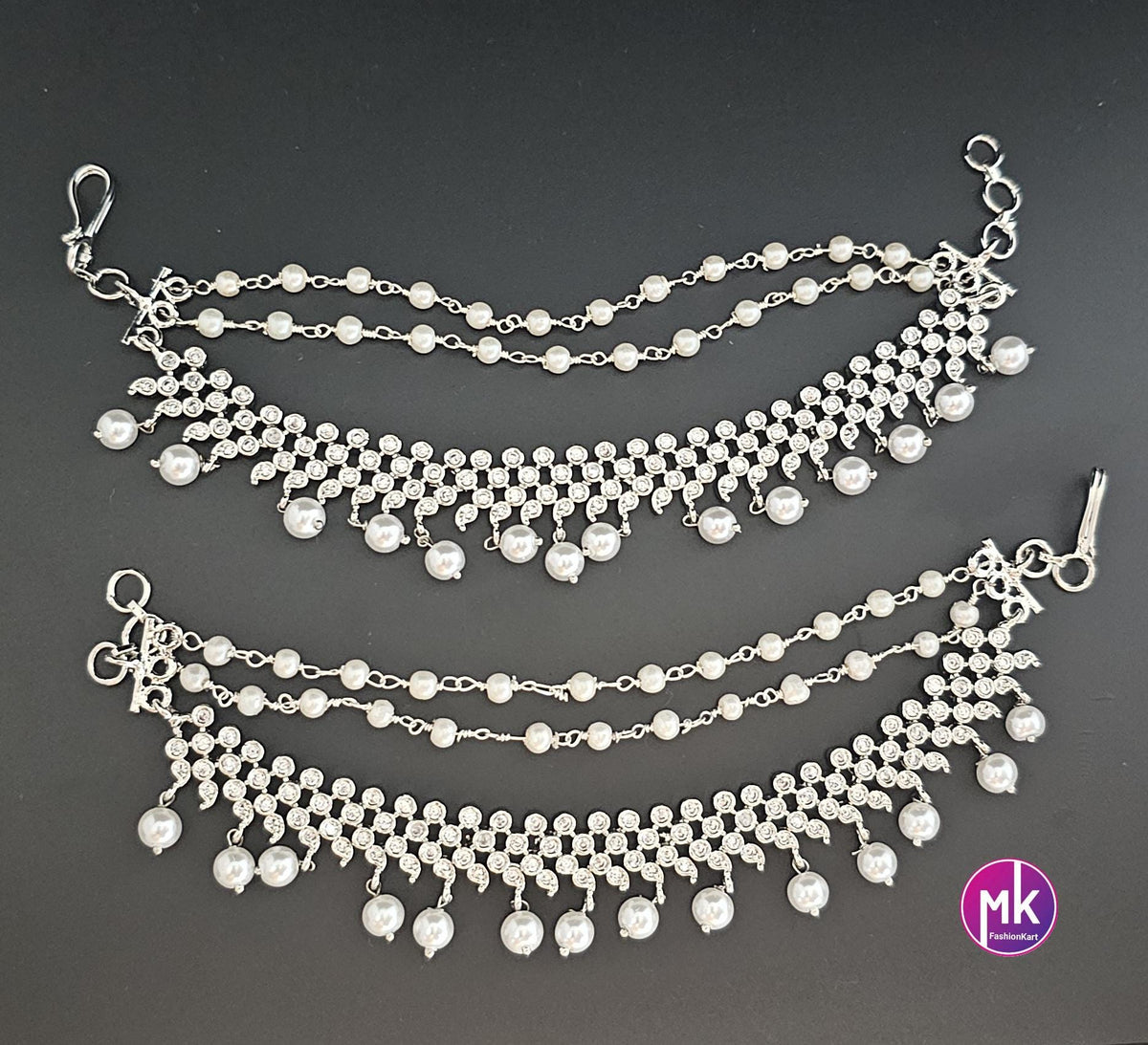 Premium Silver finish Jhumka Matti/Earring Mattal/Matti/Kaan Chain - Triple layer pearl Mattal/Matti - MK Fashionkart - Fashion Jewelry