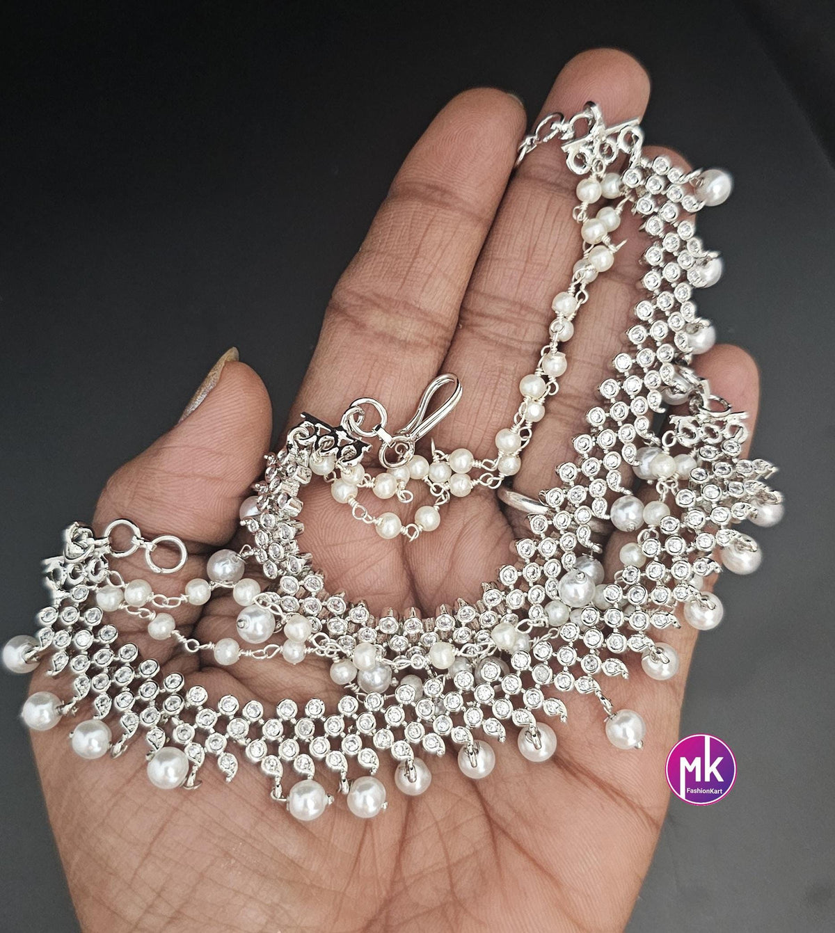 Premium Silver finish Jhumka Matti/Earring Mattal/Matti/Kaan Chain - Triple layer pearl Mattal/Matti - MK Fashionkart - Fashion Jewelry