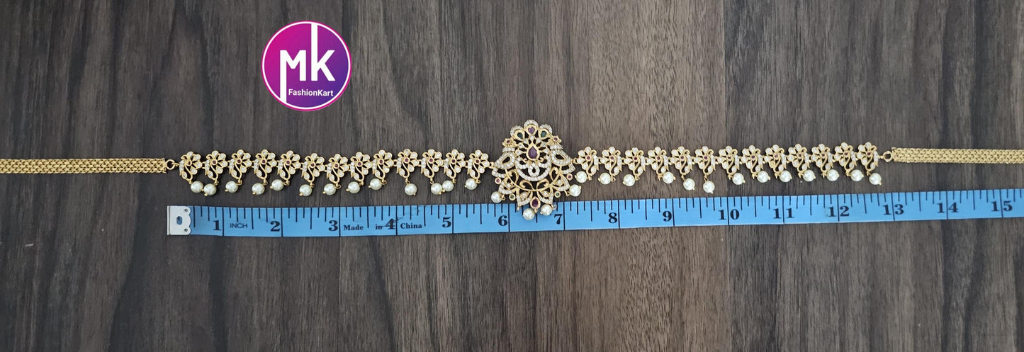 Flower Design AD Stone Premium Quality Hip Belt with pearl hangings - MK Fashionkart -Fashion Jewelry - Indian Jewelry
