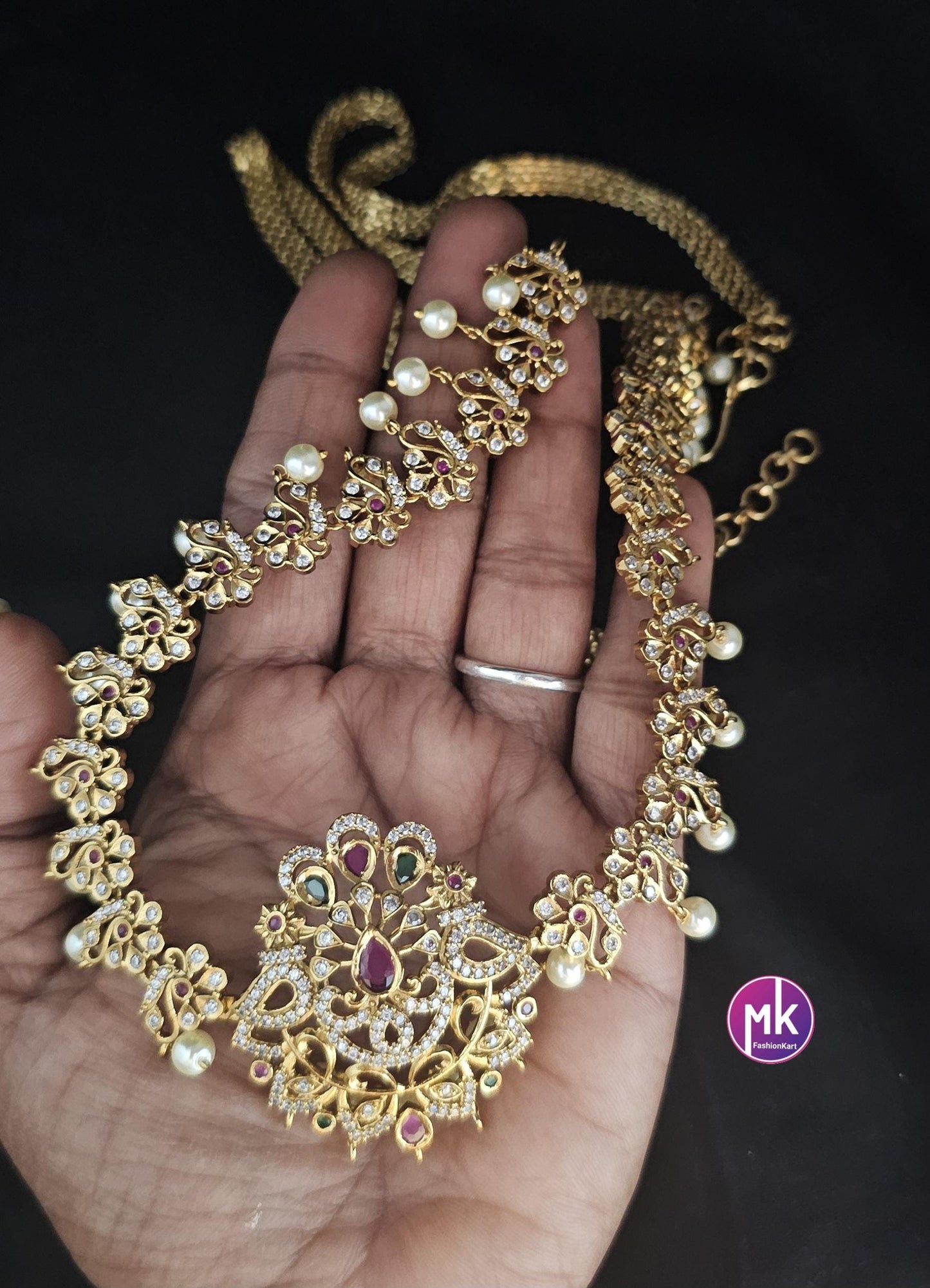 Flower Design AD Stone Premium Quality Hip Belt with pearl hangings - MK Fashionkart -Fashion Jewelry - Indian Jewelry