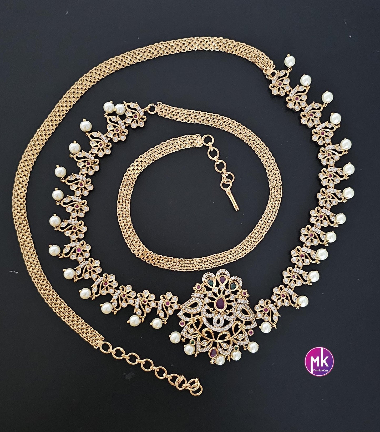 Flower Design AD Stone Premium Quality Hip Belt with pearl hangings - MK Fashionkart -Fashion Jewelry - Indian Jewelry