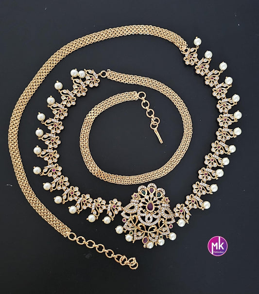 Flower Design AD Stone Premium Quality Hip Belt with pearl hangings - MK Fashionkart -Fashion Jewelry - Indian Jewelry