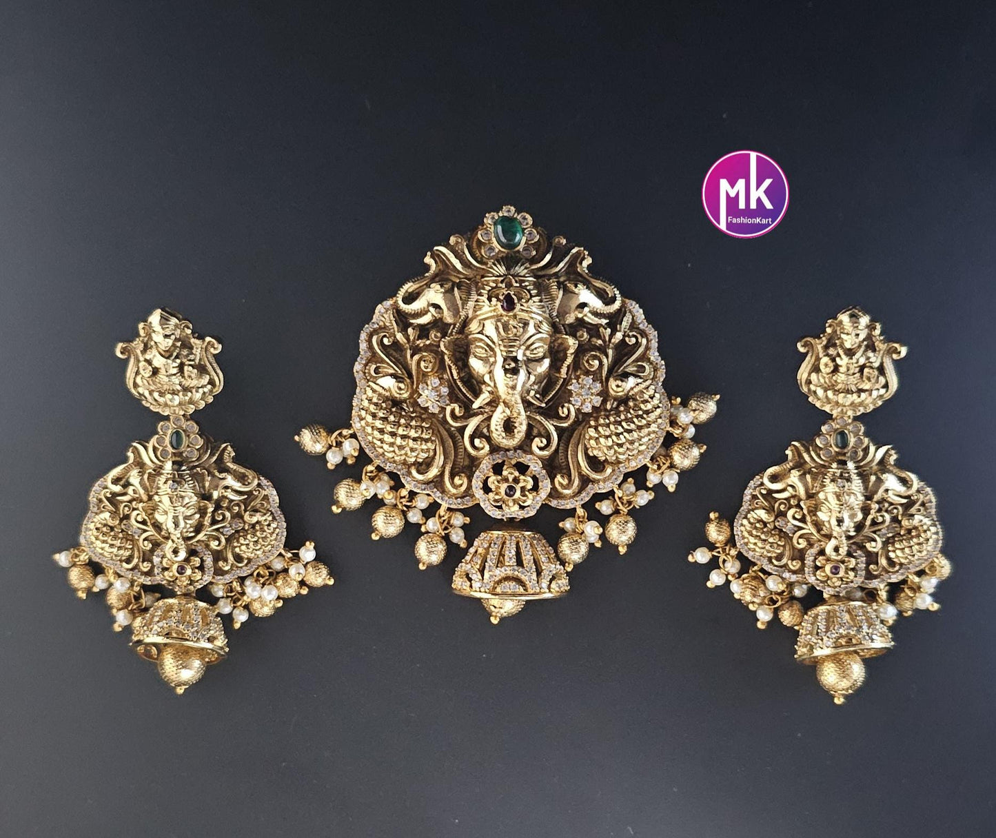 Big Pendent Set - Ganesa Lakshmi CZ stone Premium quality Matte gold finish Pendent with beautiful Earrings - MK Fashionkart