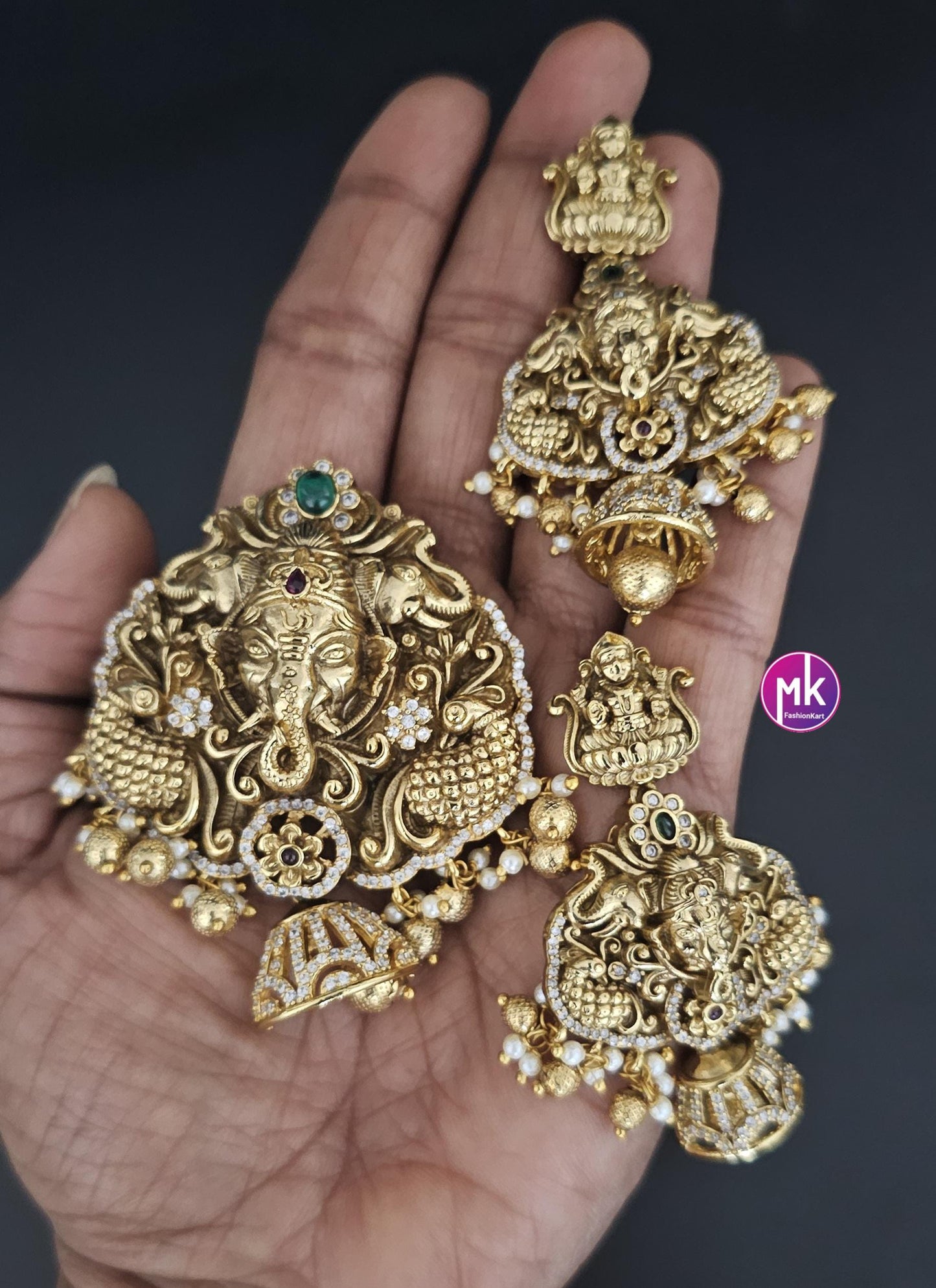 Big Pendent Set - Ganesa Lakshmi CZ stone Premium quality Matte gold finish Pendent with beautiful Earrings - MK Fashionkart