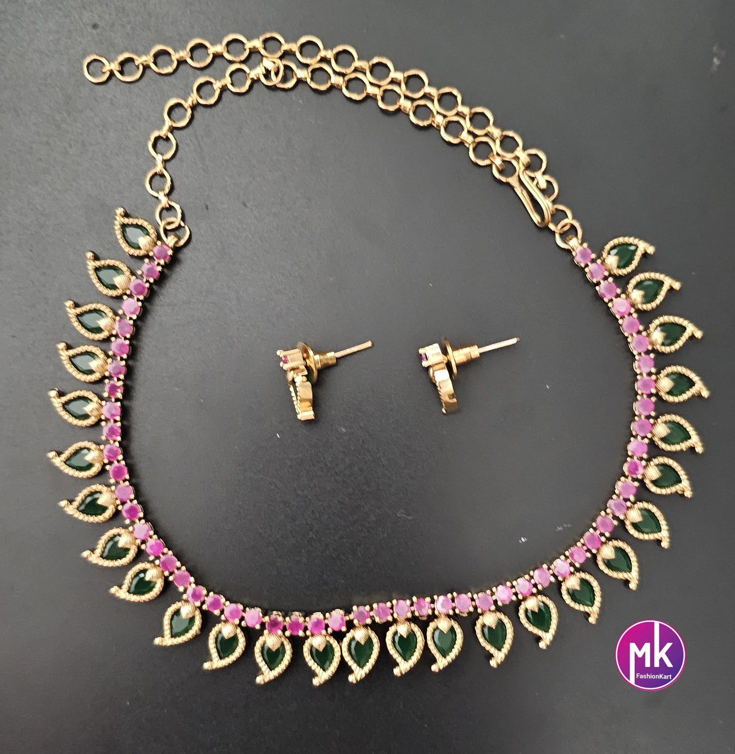 Traditional Kerala style Matte gold finish Necklace with and matching cute Earrings - Adult cum Teen Necklace - MK Fashionkart