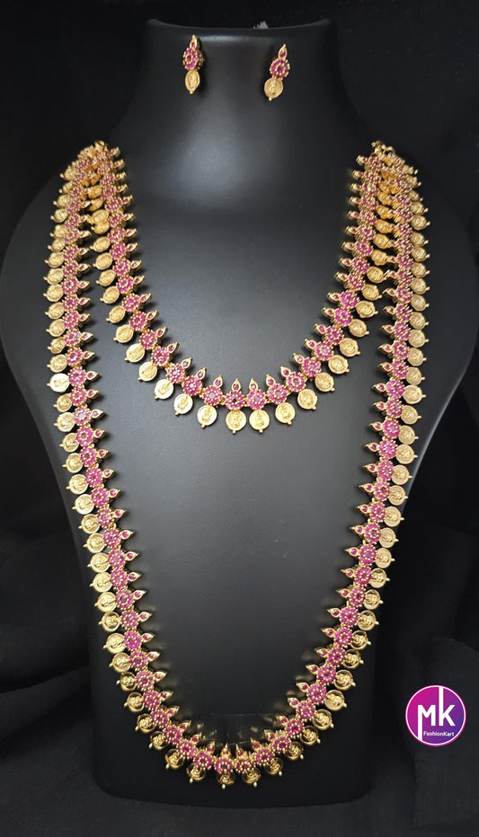 Lakshmi Premium quality Combo Ruby AD Gold finish Combo set - Gold Jewelry Replica - Bridal Haram - MK Fashionkart