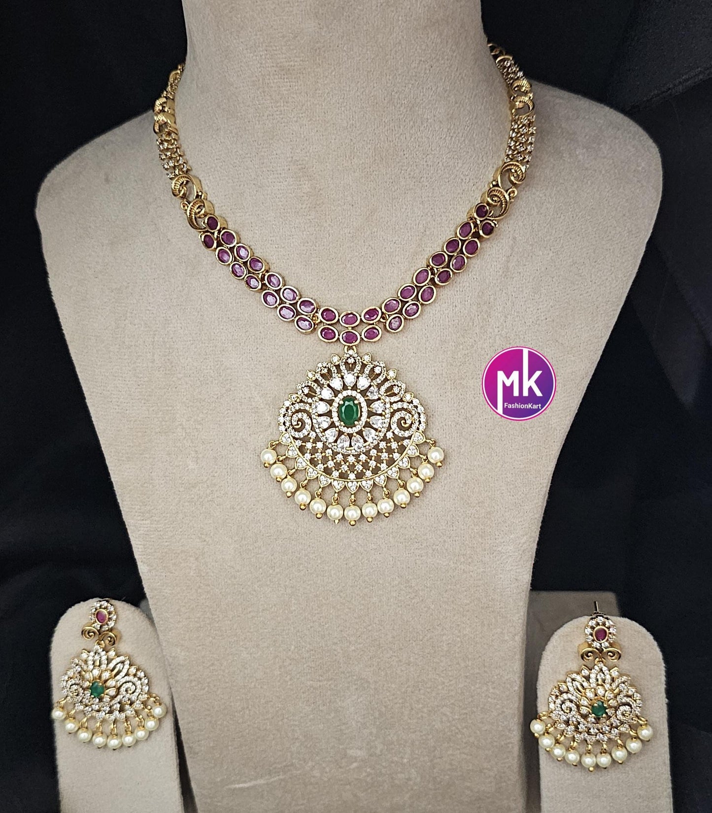 Premium Quality Kemp Stone Necklace with beautiful pendent and matching Earrings - Fashion Jewelry - MK Fashionkart