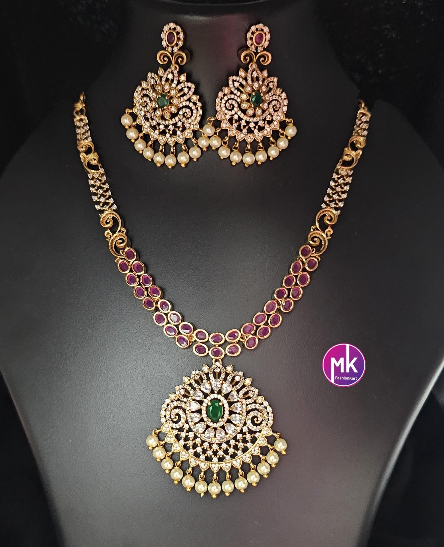 Premium Quality Kemp Stone Necklace with beautiful pendent and matching Earrings - Fashion Jewelry - MK Fashionkart