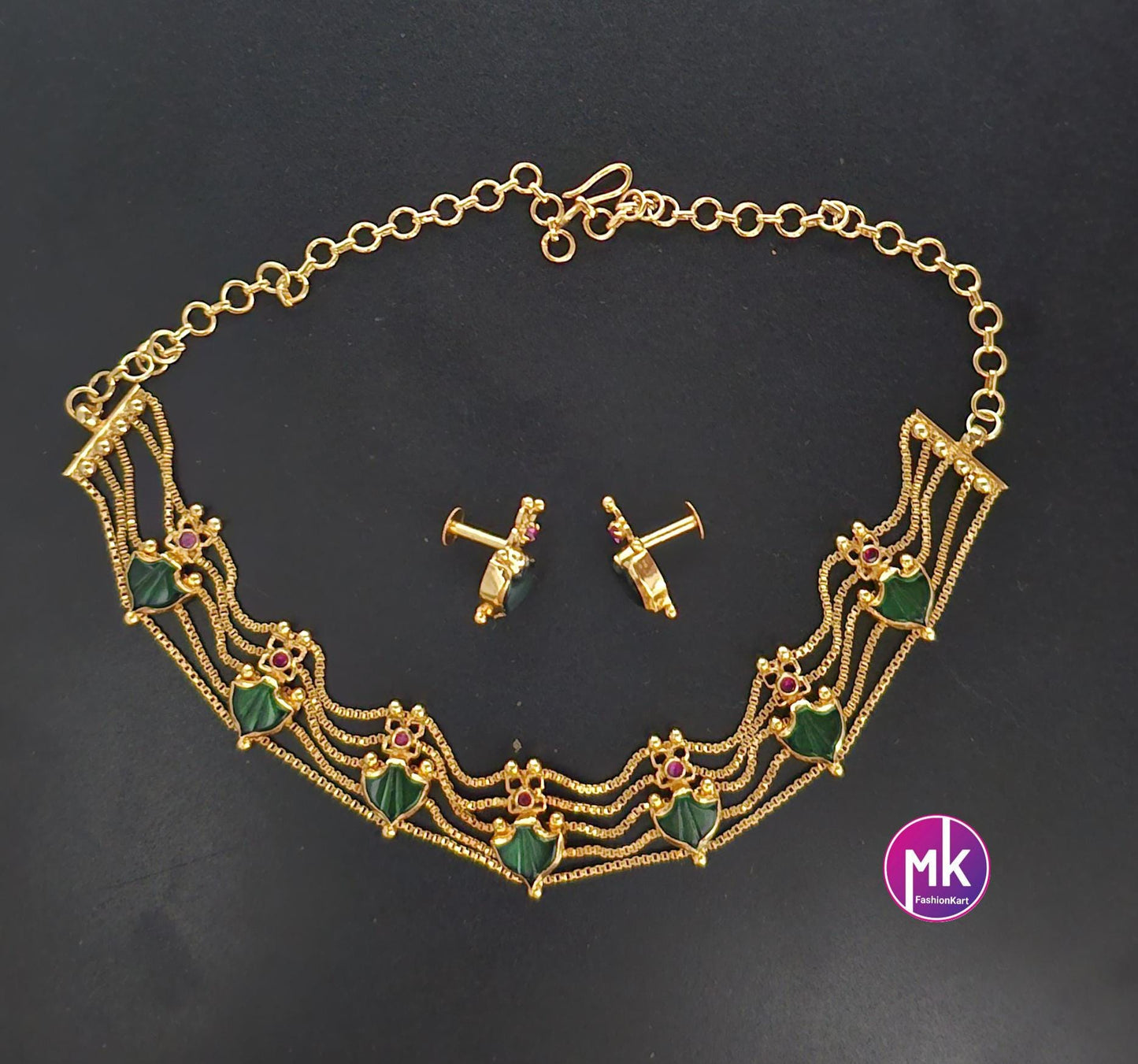 Gold finish Traditional Kerala style palakka Choker cum Necklace with and matching Beautiful Earrings - MK Fashionkart - Fashion Jewelry