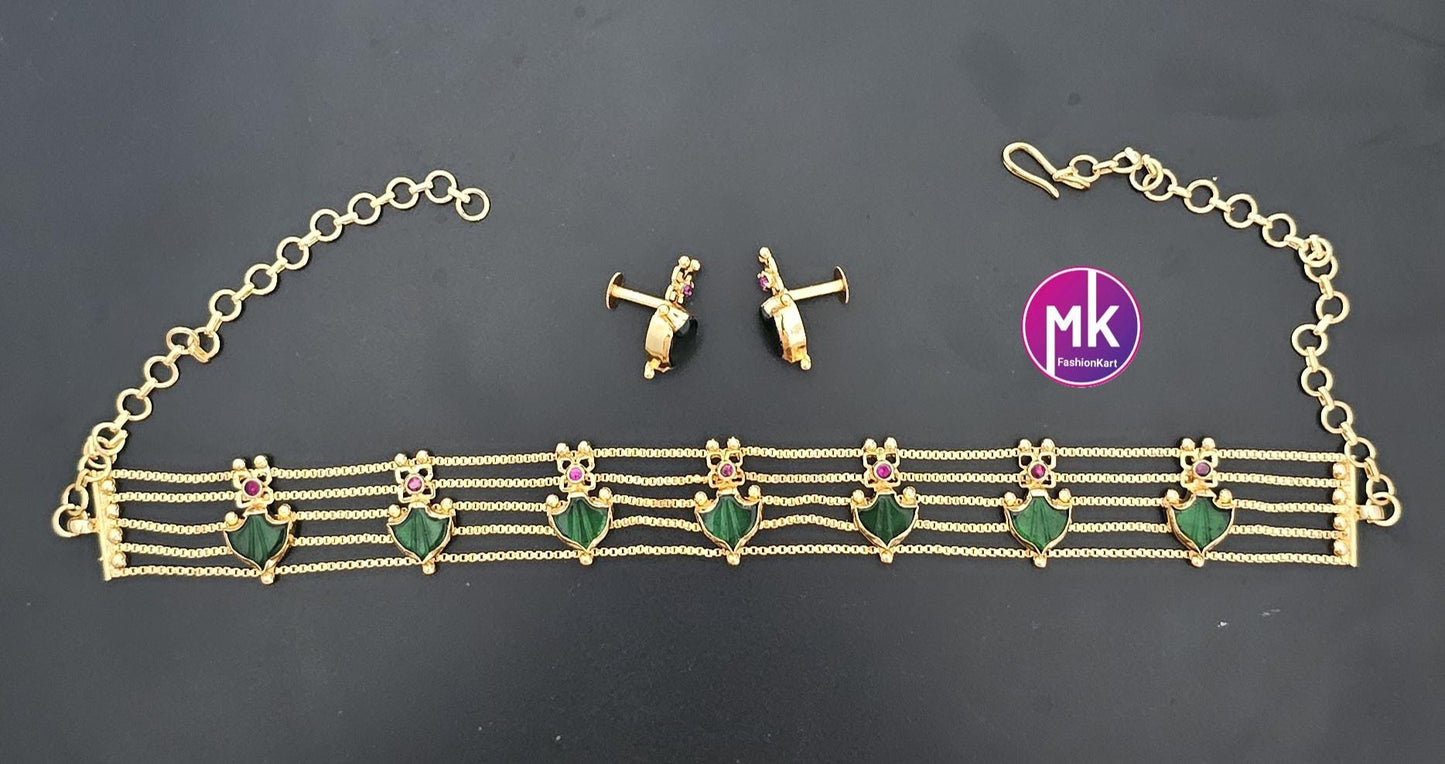 Gold finish Traditional Kerala style palakka Choker cum Necklace with and matching Beautiful Earrings - MK Fashionkart - Fashion Jewelry